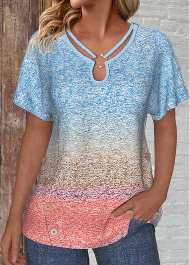 Modlily Blue Patchwork Ombre Short Sleeve T Shirt - L