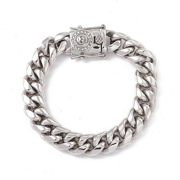 304 Stainless Steel Curb Chains Bracelet with Rhinestone Skull Clasp for Women