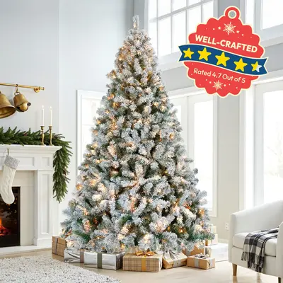 ćLush & FullćYaheetech Pre-lit Artificial Christmas Tree with Incandescent Warm White Lights, Snow Flocked Full Prelighte...