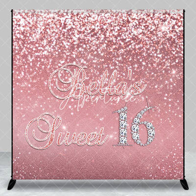 Aperturee Pink Glitter Custom Name Sweet 16 Birthday Backdrop, 3X3FT(1X1M), 15 USD, custom birthday backdrops, DZH0A316-O
