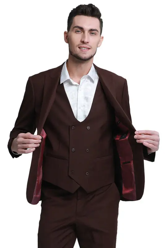 Men's Slim Fit Wedding Suit - Double Breasted Brown Vest with Peak Lapel
