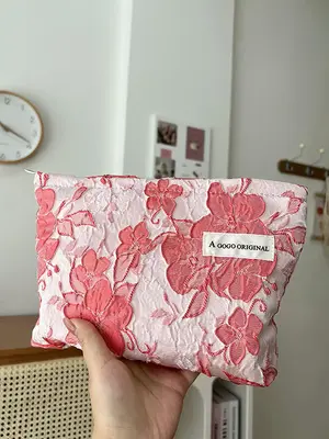 Fashion Letter Patched Design Floral Pattern Makeup Bag, Casual Large Capacity Cosmetic Storage Bag For Women & Girls, Portab...
