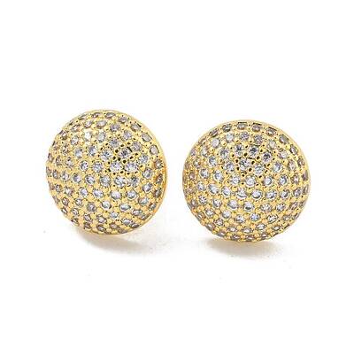 Round Brass Pave Clear Cubic Zirconia Stud Earrings