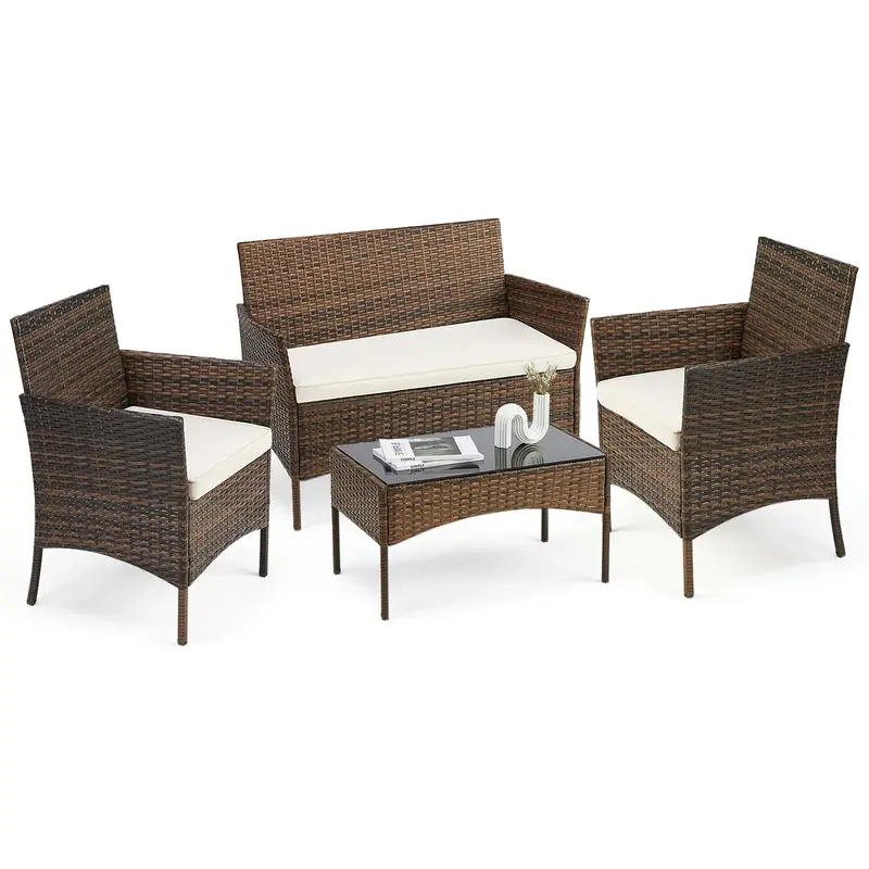 Furniture Set - Outdoor Conversation Set with Glass Coffee Table, Three Chairs for Patio, Lawn, Garden, Poolside