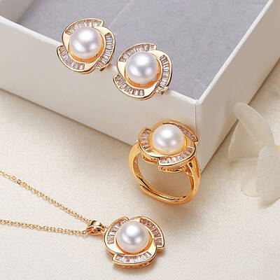 Brass Micro Pave Clear Cubic Zirconia Pendant Necklaces & Stud Earrings & Rings Sets
