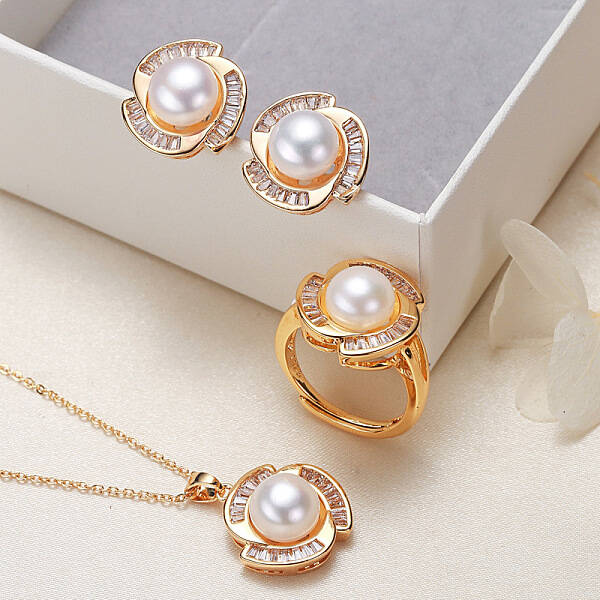Brass Micro Pave Clear Cubic Zirconia Pendant Necklaces & Stud Earrings & Rings Sets