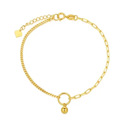 18K Gold Bead & Paper Clip Curb Link Chain Charm Bracelet