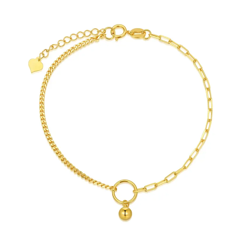 18K Gold Bead & Paper Clip Curb Link Chain Charm Bracelet