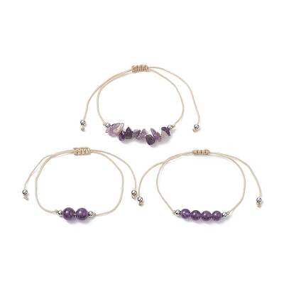 3Pcs 3 Style Natural Amethyst Braided Bead Bracelets Set