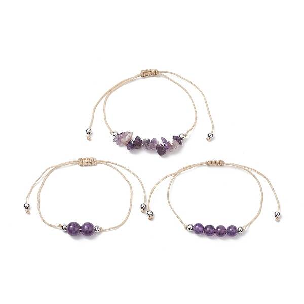 3Pcs 3 Style Natural Amethyst Braided Bead Bracelets Set