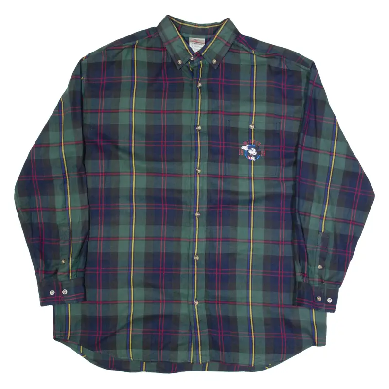 DISNEY Mickey Mouse Mens Shirt Green Check Long Sleeve L