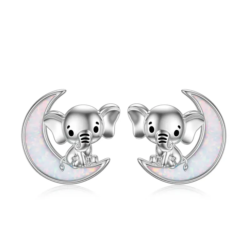 Sterling Silver Opal Elephant & Moon Stud Earrings