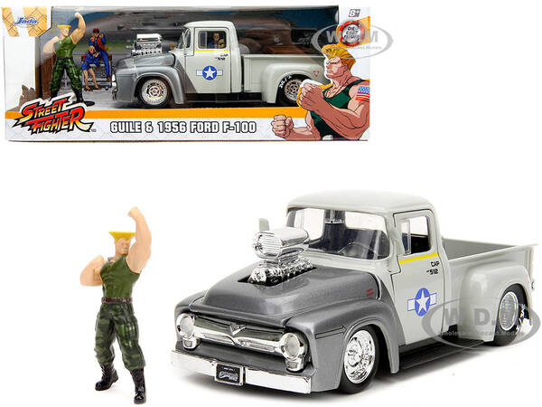 1956 Ford F-100 Pickup Truck Tan and Gray Metallic and Guile Diecast Figure Street Fighter Video Game Anime Hollywood Ride...