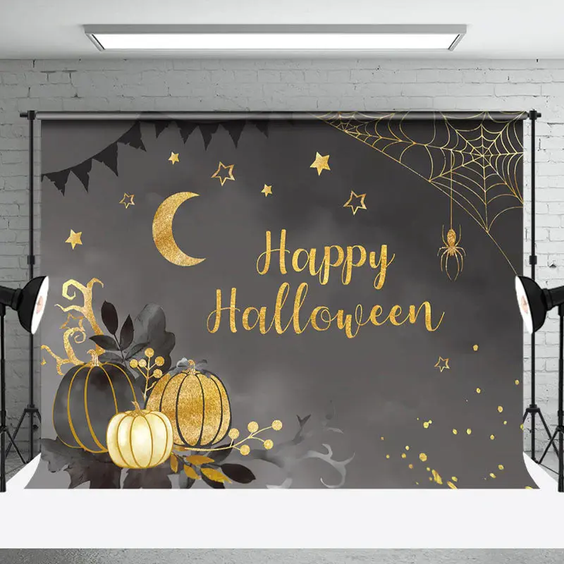 Aperturee Dark Night Gold Pumpkins Moon Halloween Backdrop - Aperturee