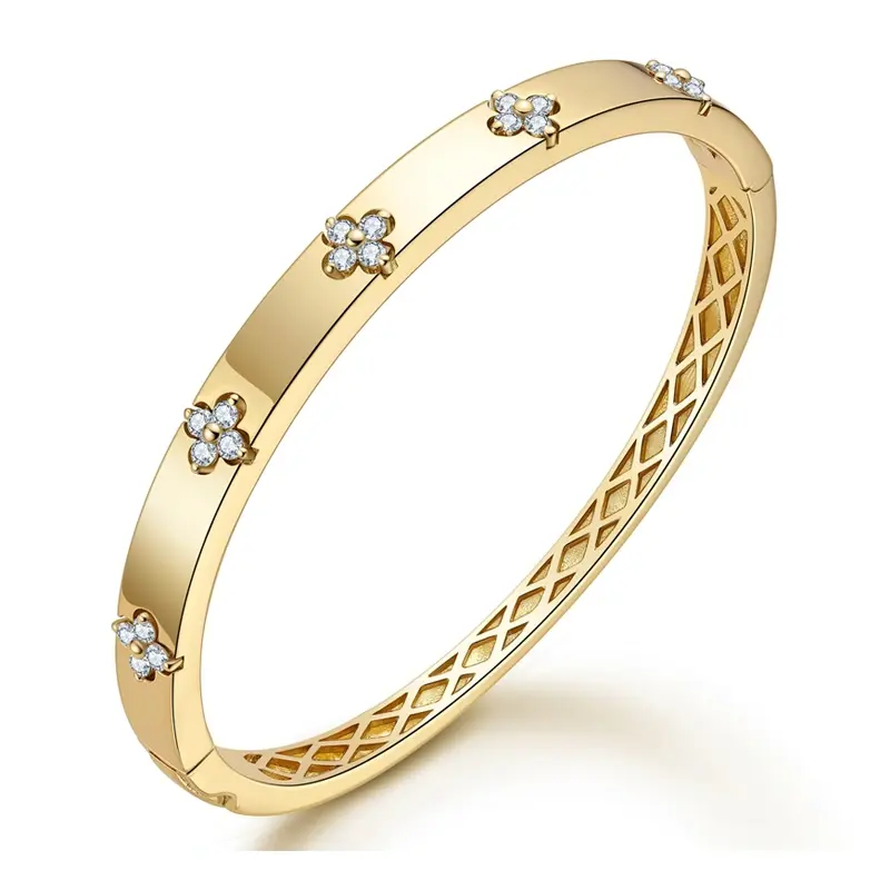 Sterling Silver with Yellow Gold Plated Moissanite Four Leaf Clover Plain Bangle Bracelet