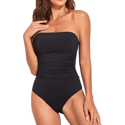 Holipick Women Elegant Tummy Control One Piece Swimsuits Strapless Bandeau Full Coverage Bathing Suits Slimming Halter Swimwe...