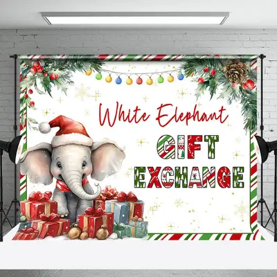 Aperturee White Elephant Christmas Gift Exchange Party Backdrop - Aperturee