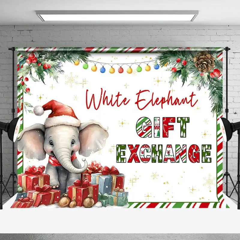 Aperturee White Elephant Christmas Gift Exchange Party Backdrop - Aperturee
