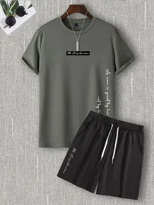 Two-Piece Set Men's Letter Print Co-ord Set, Casual Short Sleeve Tee & Drawstring Pocket Shorts Set, Summer Clothes, Men Tw...