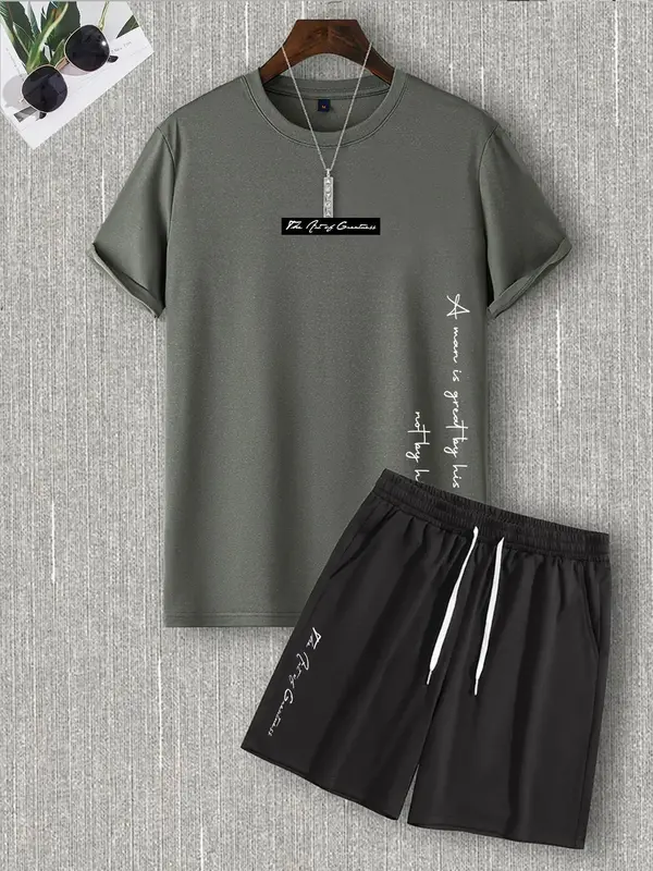 Two-Piece Set Men's Letter Print Co-ord Set, Casual Short Sleeve Tee & Drawstring Pocket Shorts Set, Summer Clothes, Men Tw...