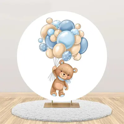 Cute Bear Beige Blue Balloon Round Birthday Backdrop - Aperturee