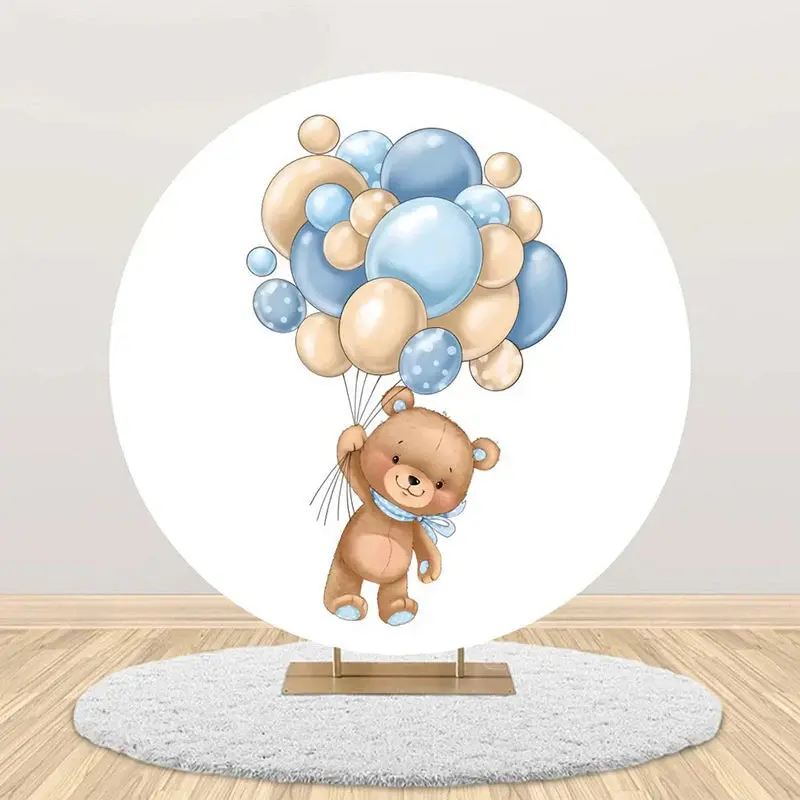 Cute Bear Beige Blue Balloon Round Birthday Backdrop - Aperturee