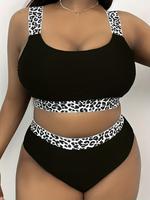 Plus Size Leopard Patchwork Print Tape Waist Tankini Swimsuit Sets, Summer Clothes Women, Women's Casual Comfy Breathable Hig...