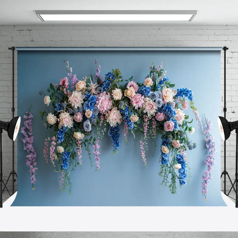 Pure Blue Wall Colorful Floral Cake Smash Backdrop