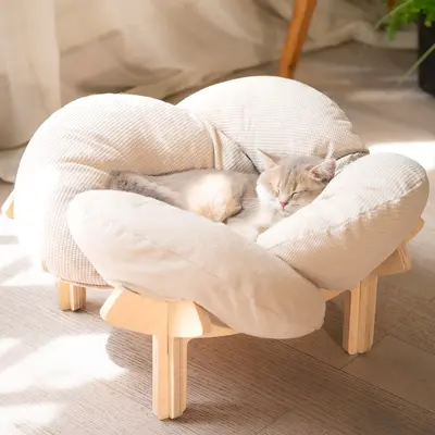 Elevated Cat Bed Wooden with Cushion Fluffy Pet Couch Sofa for Indoor Cats Raised Kitty Lounge Chair Suitable for Puppy, Cat ...