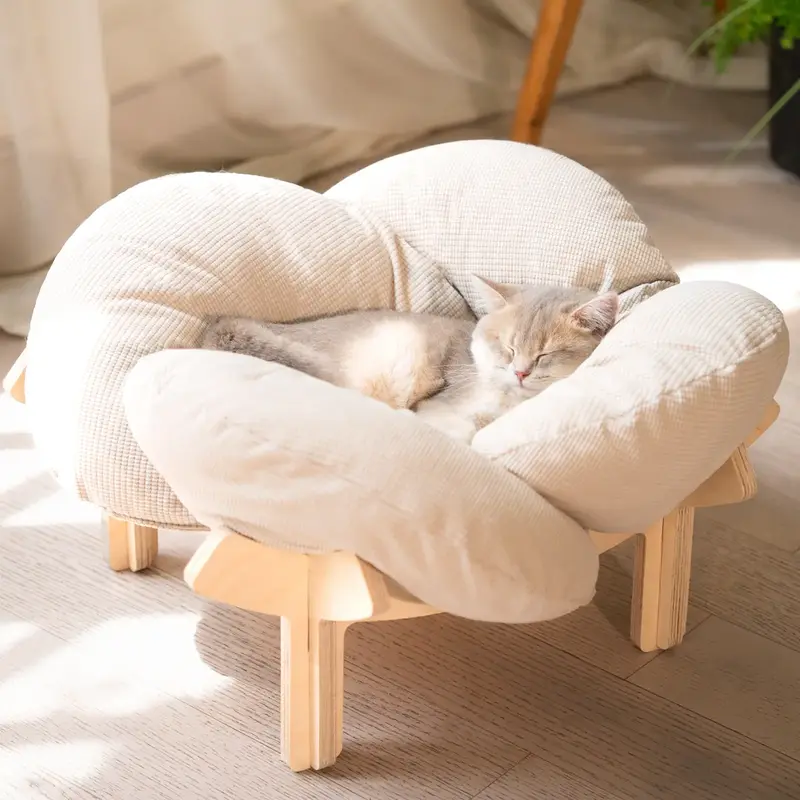Elevated Cat Bed Wooden with Cushion Fluffy Pet Couch Sofa for Indoor Cats Raised Kitty Lounge Chair Suitable for Puppy, Cat ...