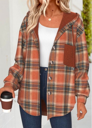 Modlily Terracotta Tummy Coverage Plaid Long Sleeve Hooded Track Jacket - L