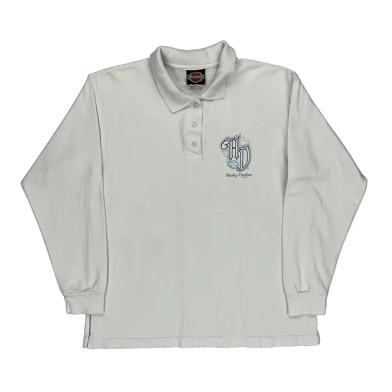Indianapolis Southside Harley Davidson Graphic Long Sleeve Polo Shirt - Medium White Cotton