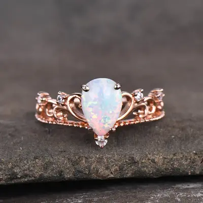 Pear Shaped Opal Diamond Engagement Ring Floral Rose Gold Queen