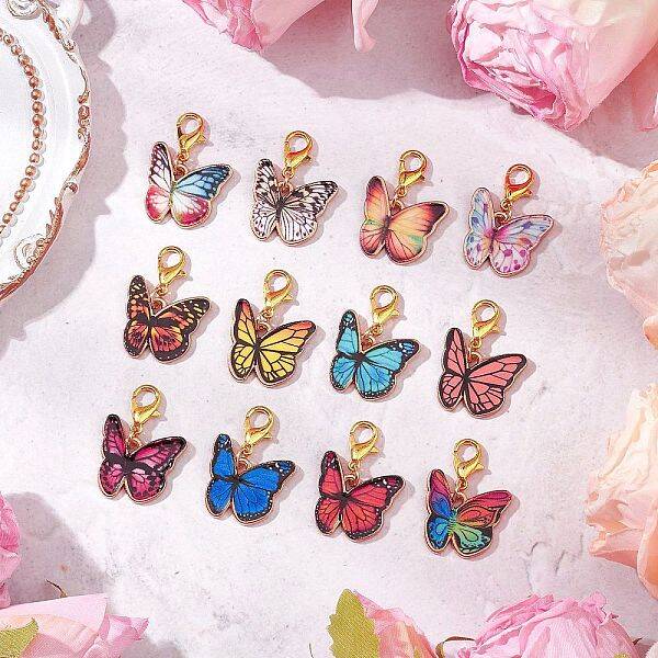 12Pcs 12 Colors Butterfly Alloy Enamel Pendant Decorations