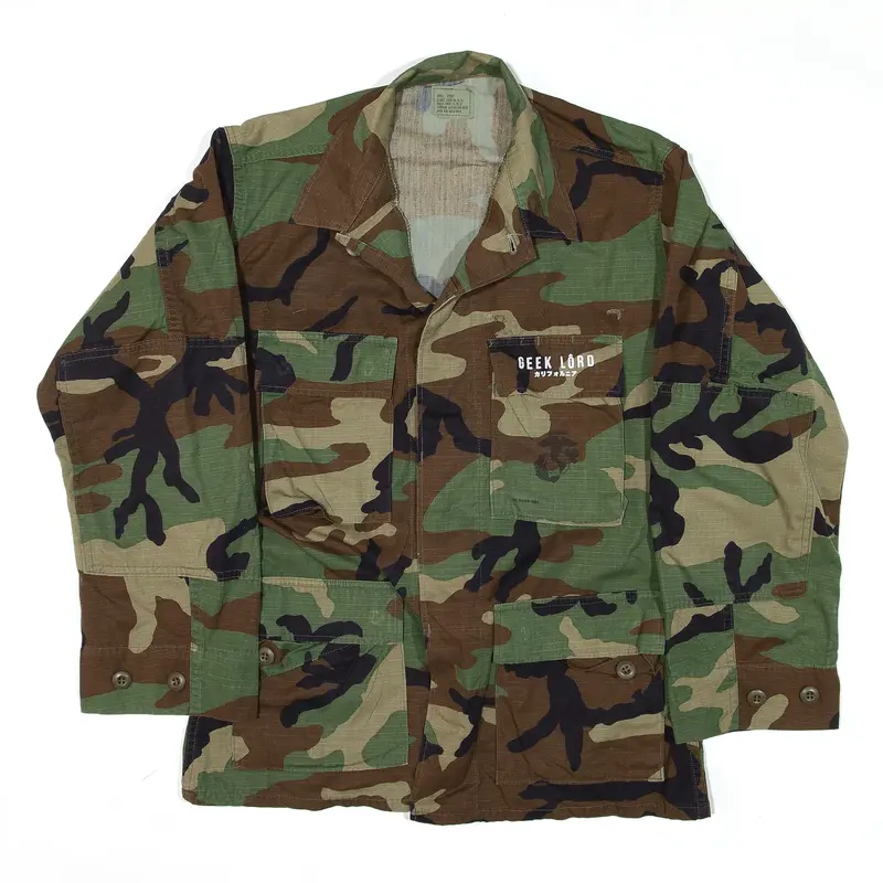 CARIBBEAN NEEDLE POINT US Army Woodland Customised Shirt Green Camouflage Long Sleeve Mens S