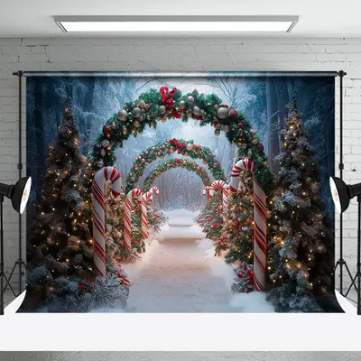 Pine Trees Wreath Arch Door Cane Candy Xmas Backdrop - Aperturee