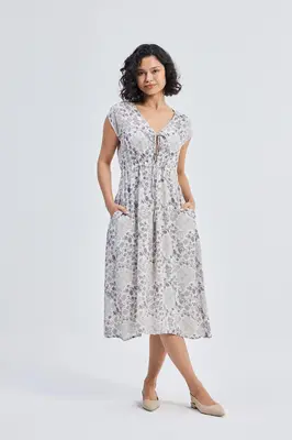 Deep V-neck Gathered Dress in Florals | Color: Blooming Tiles | Size: 2XL