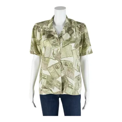 AMIATA Satin Safari Blouse Green Collared Short Sleeve Womens M