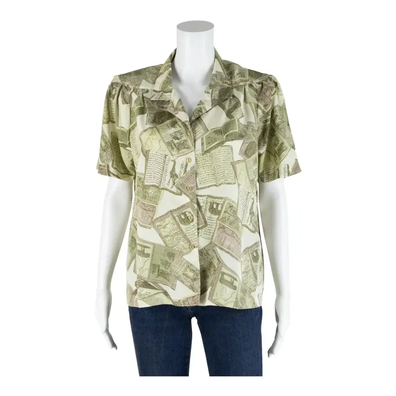 AMIATA Satin Safari Blouse Green Collared Short Sleeve Womens M