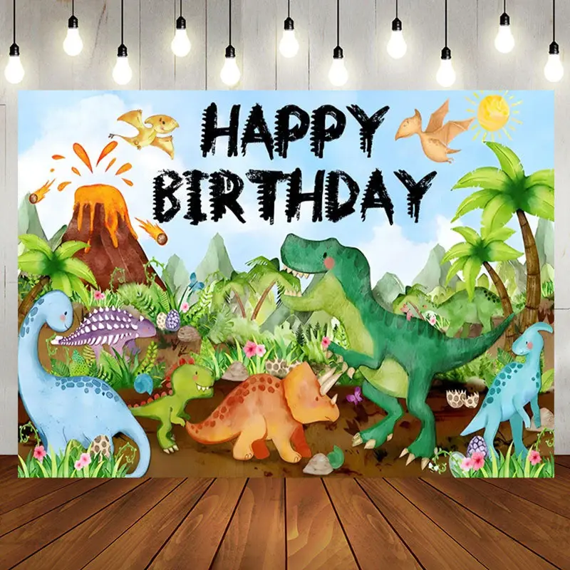 Green Trees Dinosaur Volcanic Birthday Backdrop - Aperturee