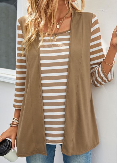 Modlily Dark Camel Fake 2in1 Striped T Shirt - M