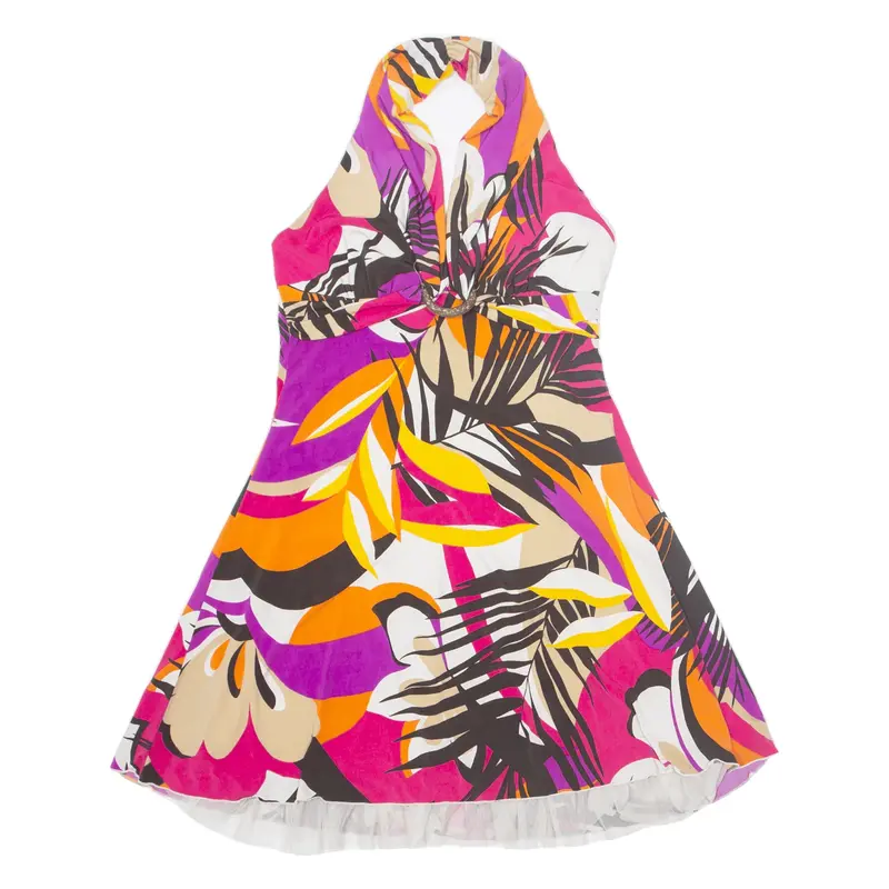 MY MICHELLE Y2K Halter Neck Stretch A-Line Dress Pink Crazy Pattern Sleeveless Knee Length Womens UK 14