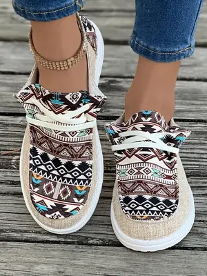 Women's Ethnic Pattern Lace Up Low Top Sneakers, Casual Comfortable Retro Flat Shoes, Female All-match Round Toe Shoes for Da...