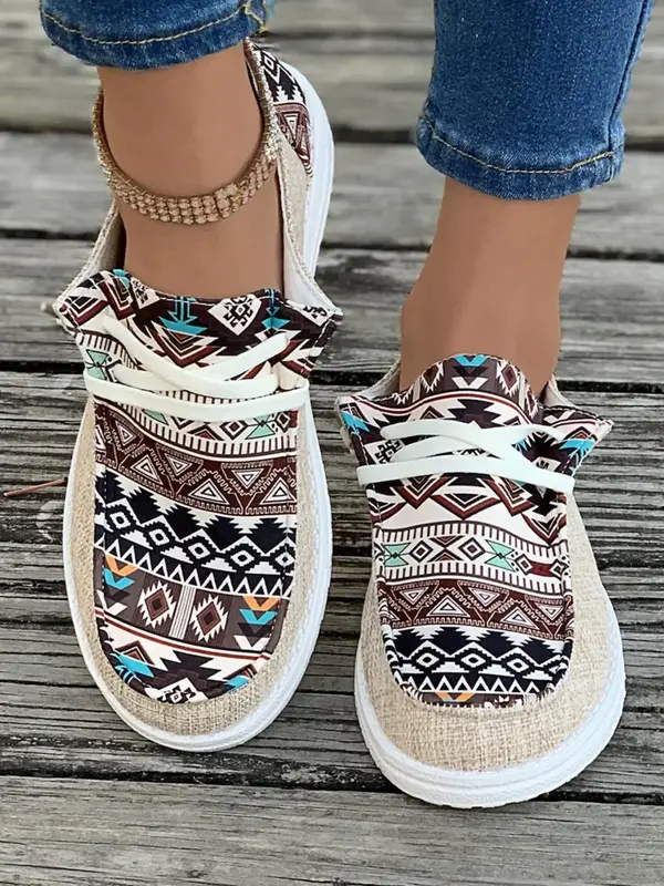 Women's Ethnic Pattern Lace Up Low Top Sneakers, Casual Comfortable Retro Flat Shoes, Female All-match Round Toe Shoes for Da...