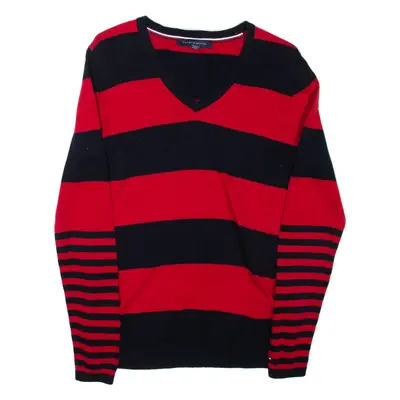 TOMMY HILFIGER Womens Patterned Jumper Red Striped V-Neck Tight Knit S