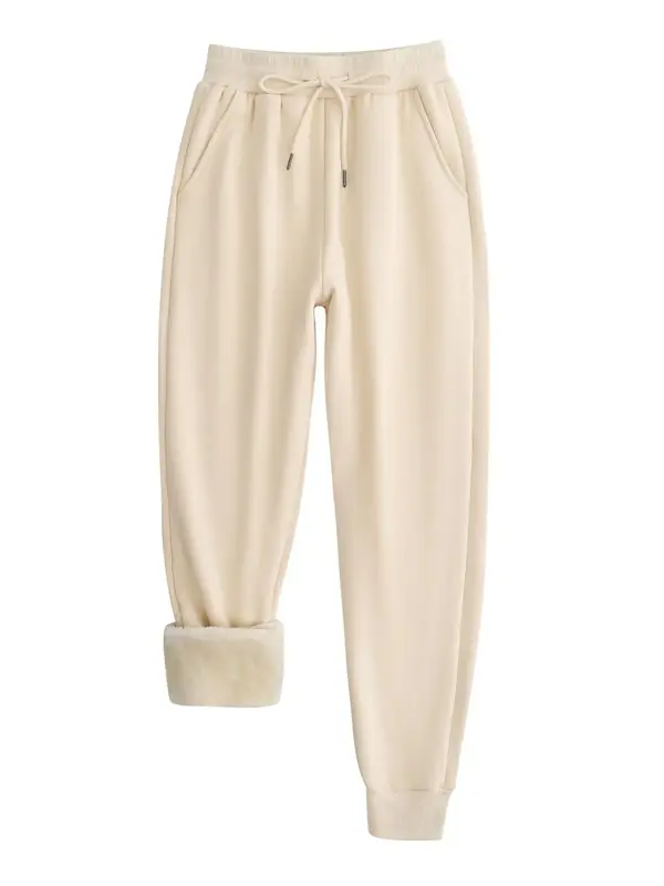 Women's Plain Drawstring Waist Pocket Sweatpants, Casual Soft Comfy Thermal Lined Jogger Pants for Fall & Winter, Women's Tro...