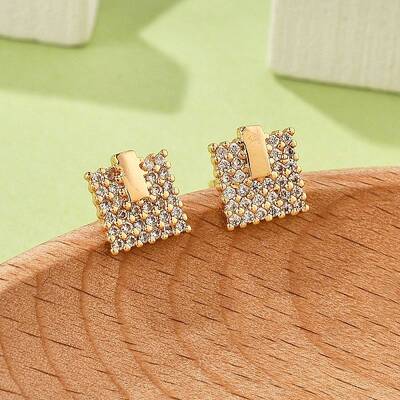 Square Brass Micro Pave Clear Cubic Zirconia Stud Earrings for Women