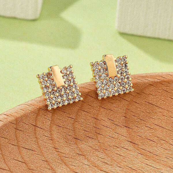 Square Brass Micro Pave Clear Cubic Zirconia Stud Earrings for Women