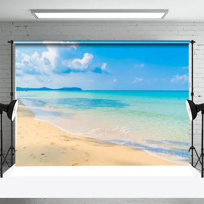 Fresh Cyan Sea Water Beach Footprint Summer Backdrop - Aperturee