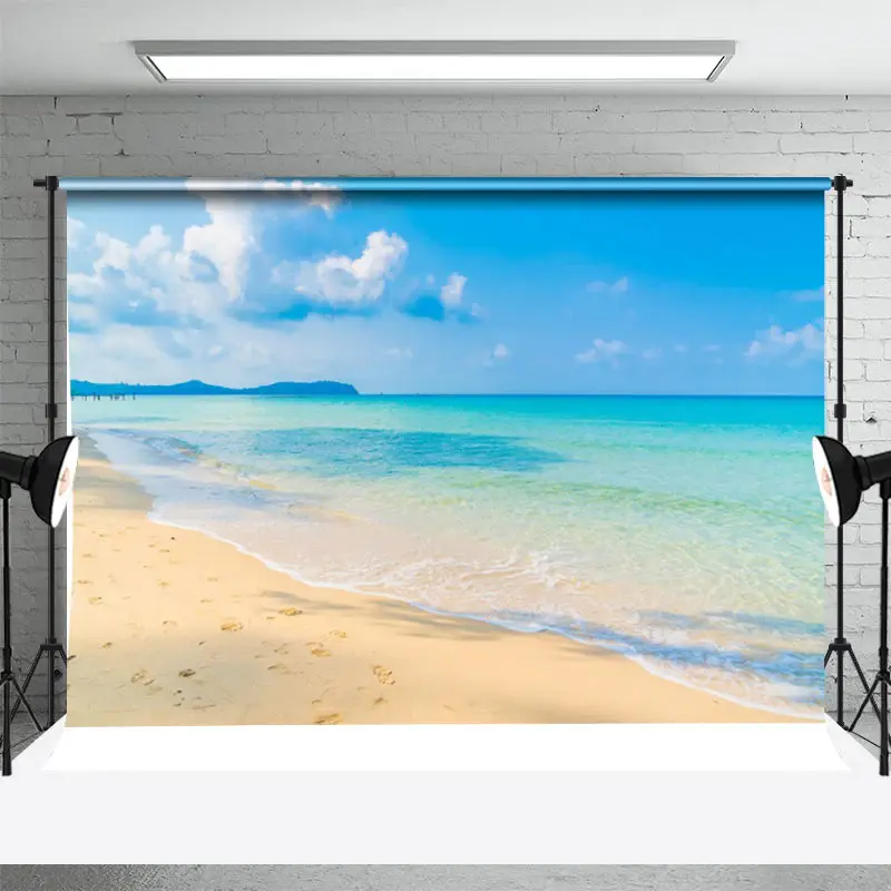 Fresh Cyan Sea Water Beach Footprint Summer Backdrop - Aperturee